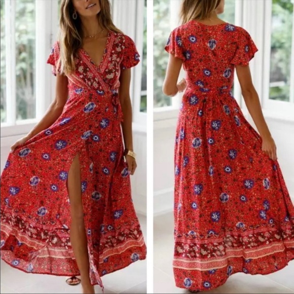 Dresses & Skirts - Boho Floral Gypsy Print Maxi Wrap Dress red